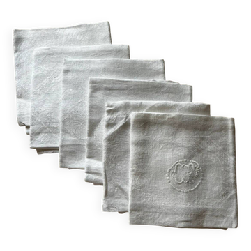 Set of six antique damask napkins with embroidered monogram.