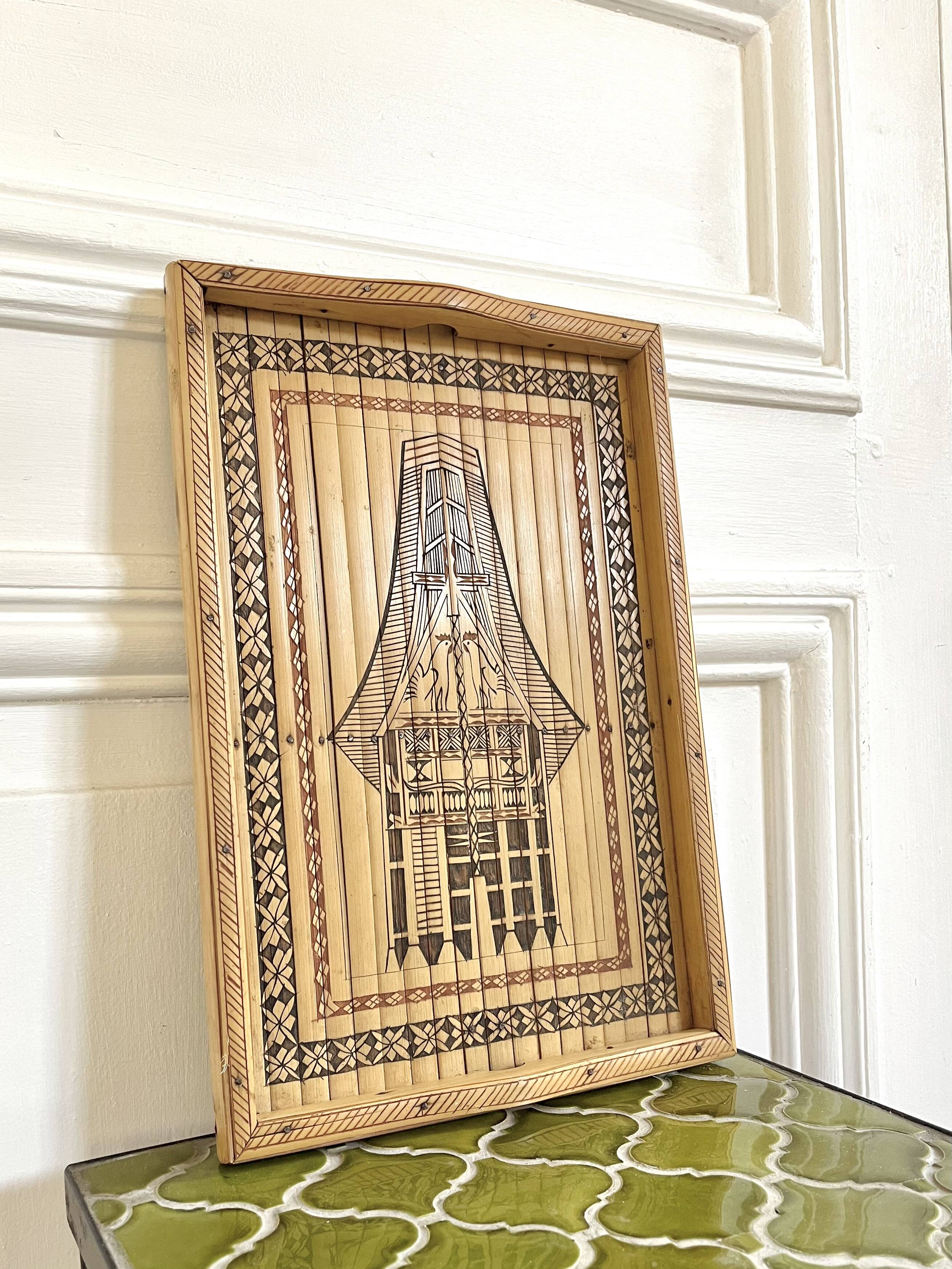 Engraved bamboo rattan tray