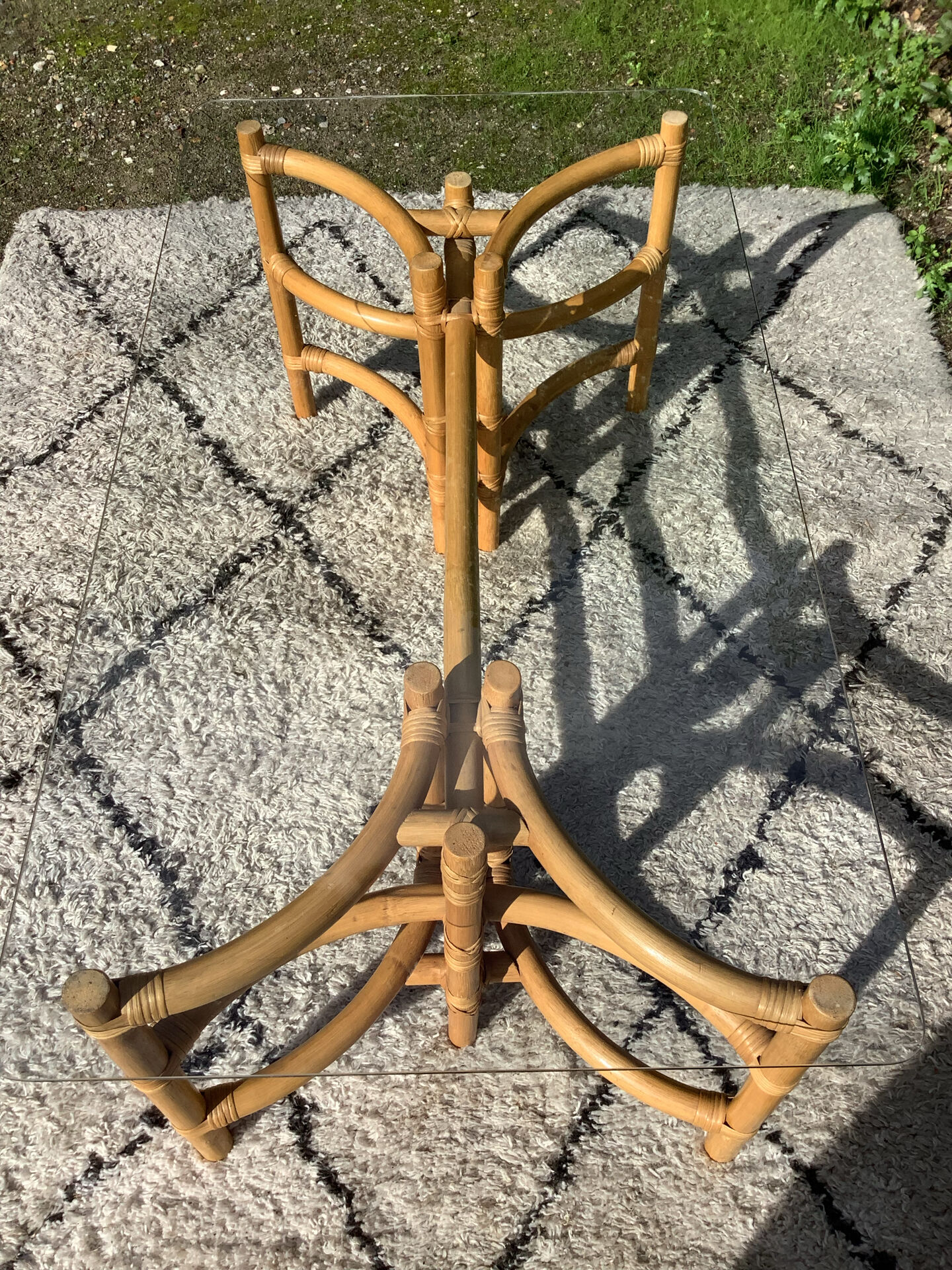 1970s rattan and glass coffee table