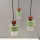 Three-part pendant in crystal glass, teak wood, and thin dusty green metal