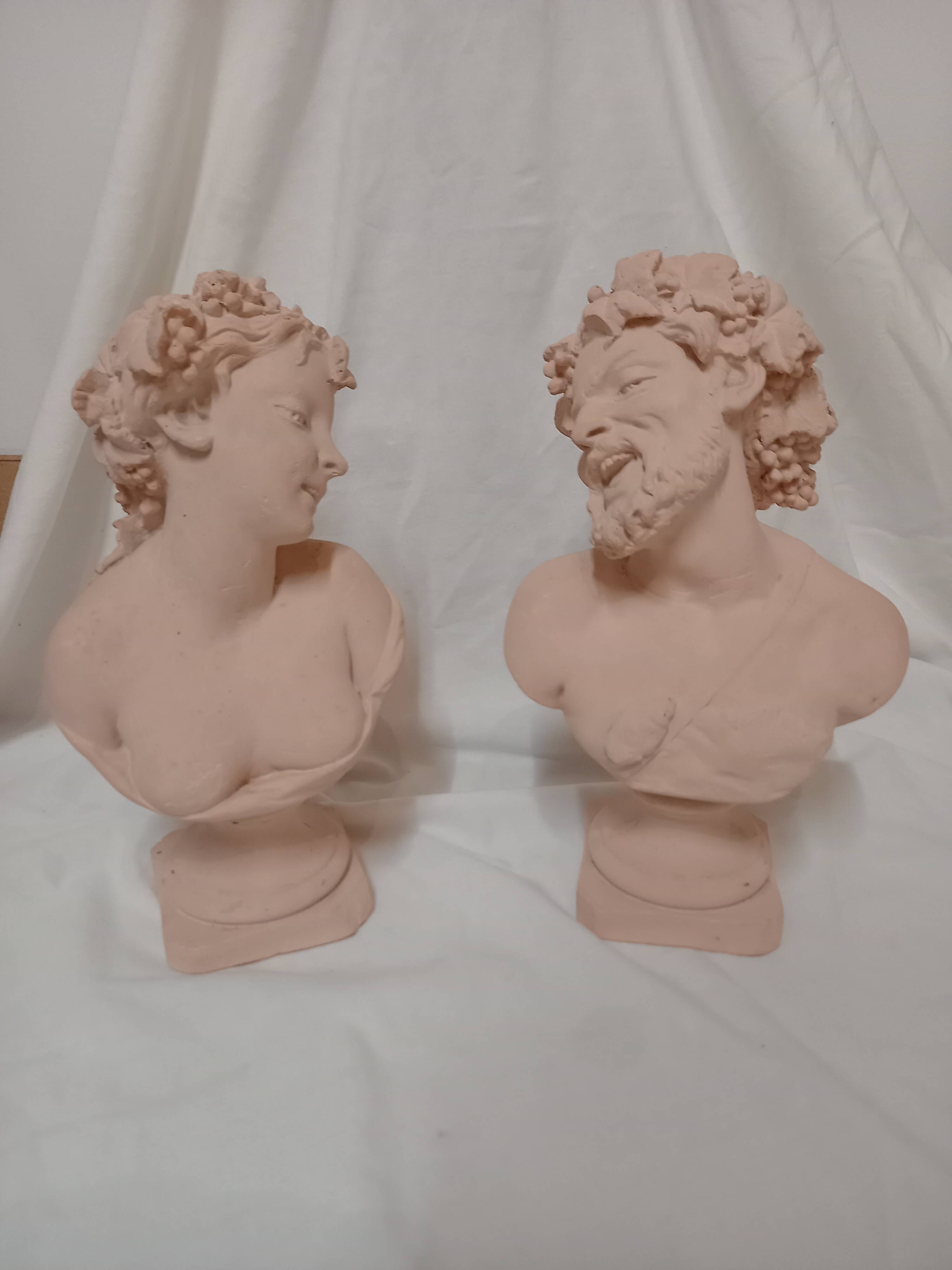 Bacchus and Bacchante, two terracotta busts, after Clodion