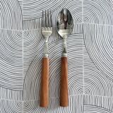 Pair of stainless steel and olive wood cutlery