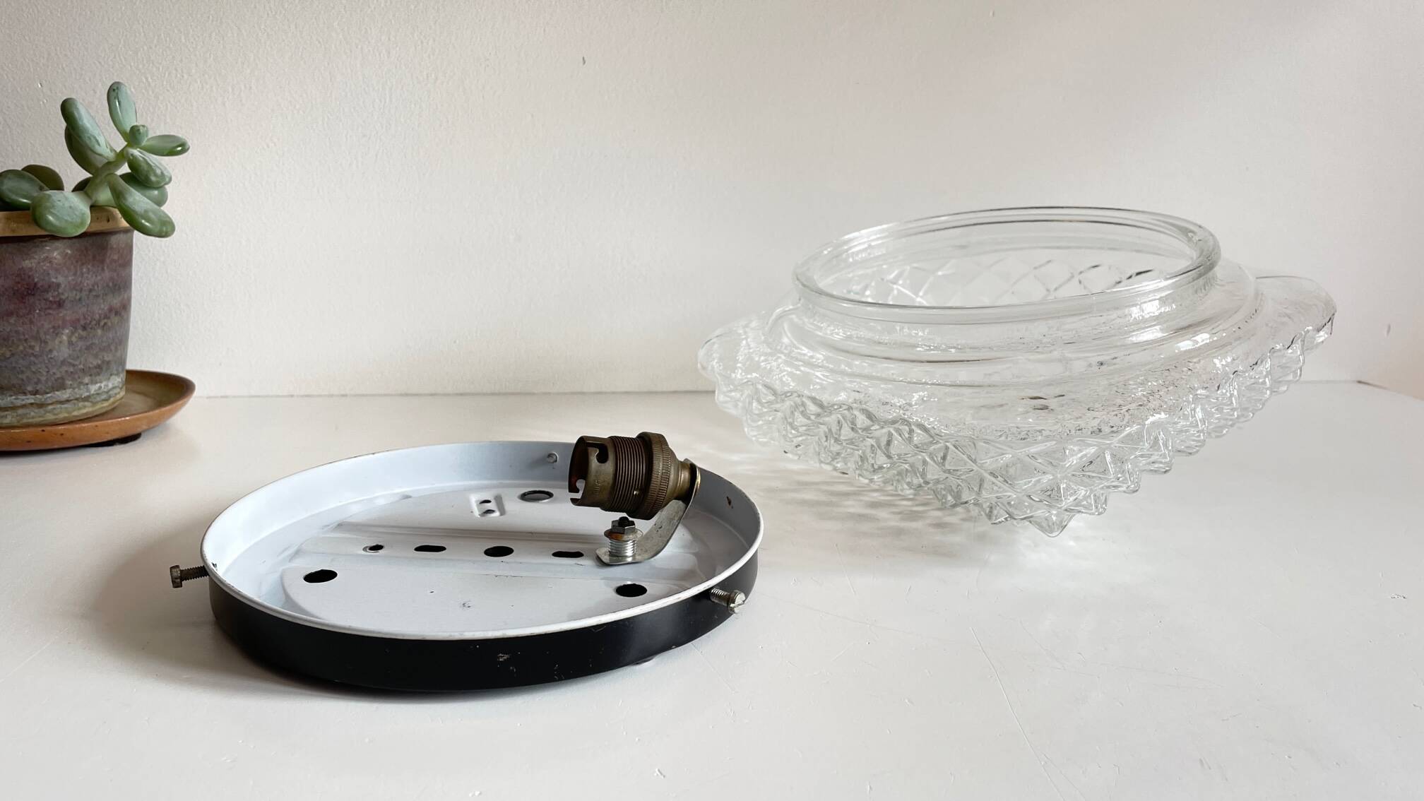 Wall lamp glass and steel ceiling light 1950s