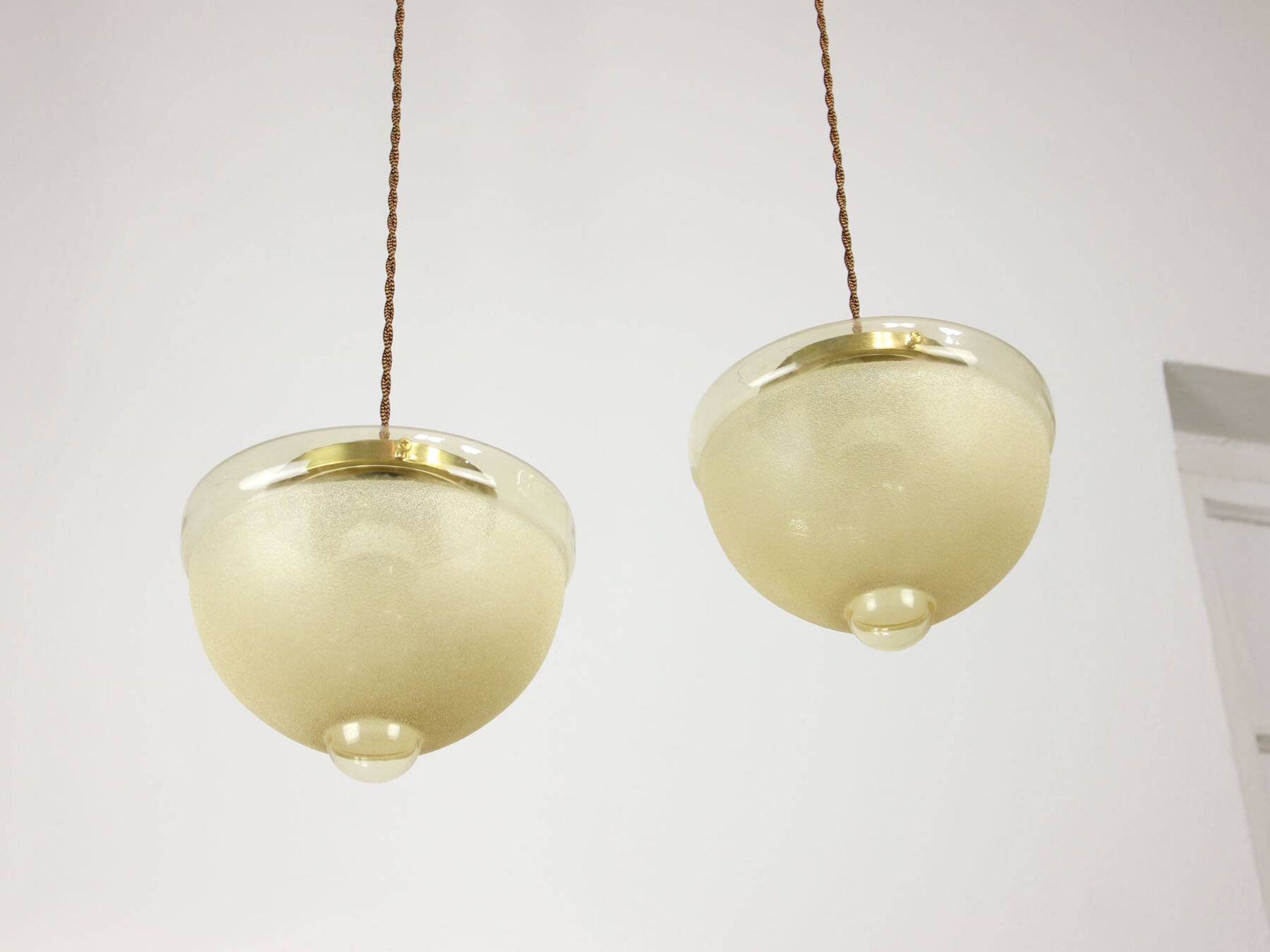 Mid-century Italian Brass and Glass Pendant Lamps, set of 2