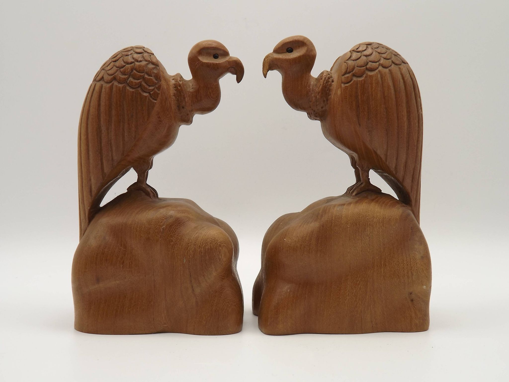 Unusual Pair of Vintage Hand-Carved Vulture on a Rock Wooden Bookends