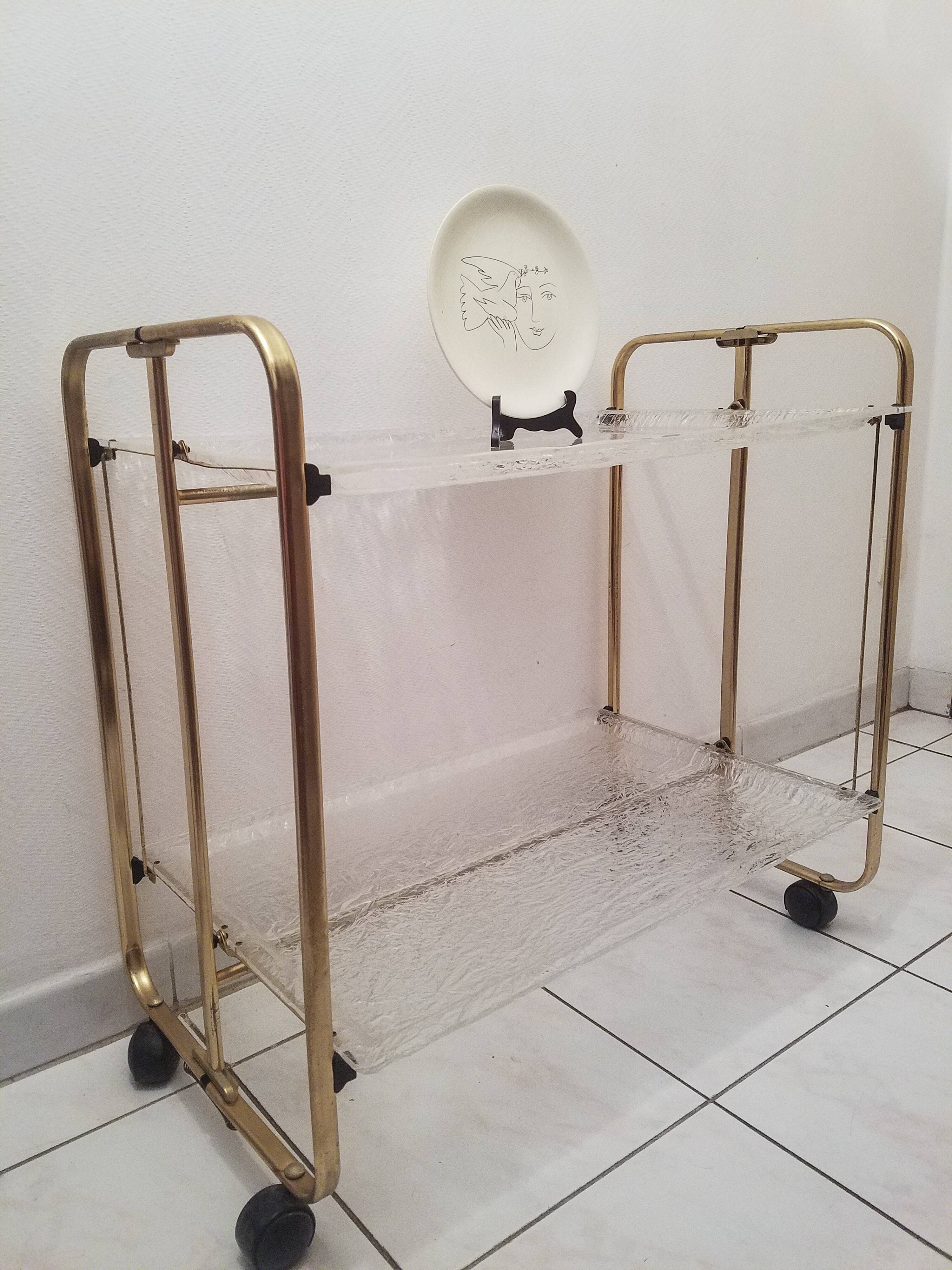 Gold-plated aluminum and structured lucite serving trolley circa 1970