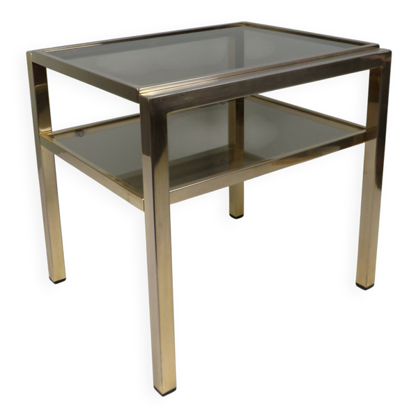 Table d’appoint vintage en laiton et verre fumé, De Knudt, Belgique, 1970