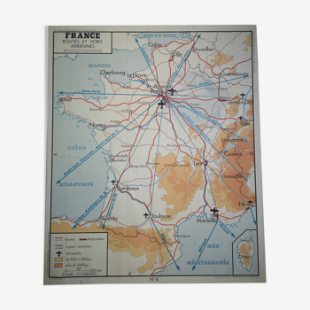 Affiche scolaire Rossignol des années 50 carte de France train voies ferrées avions