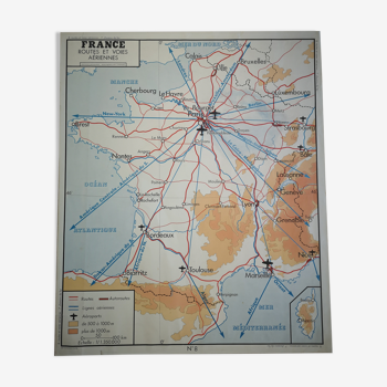 Former School poster Rossignol of the 50s map of France train railways planes