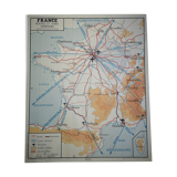 Former School poster Rossignol of the 50s map of France train railways planes