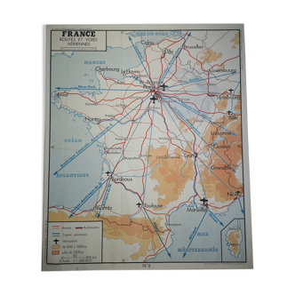 Affiche scolaire Rossignol des années 50 carte de France train voies ferrées avions