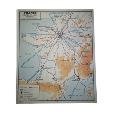 Rossignol school poster from the 50s map of France train railways planes