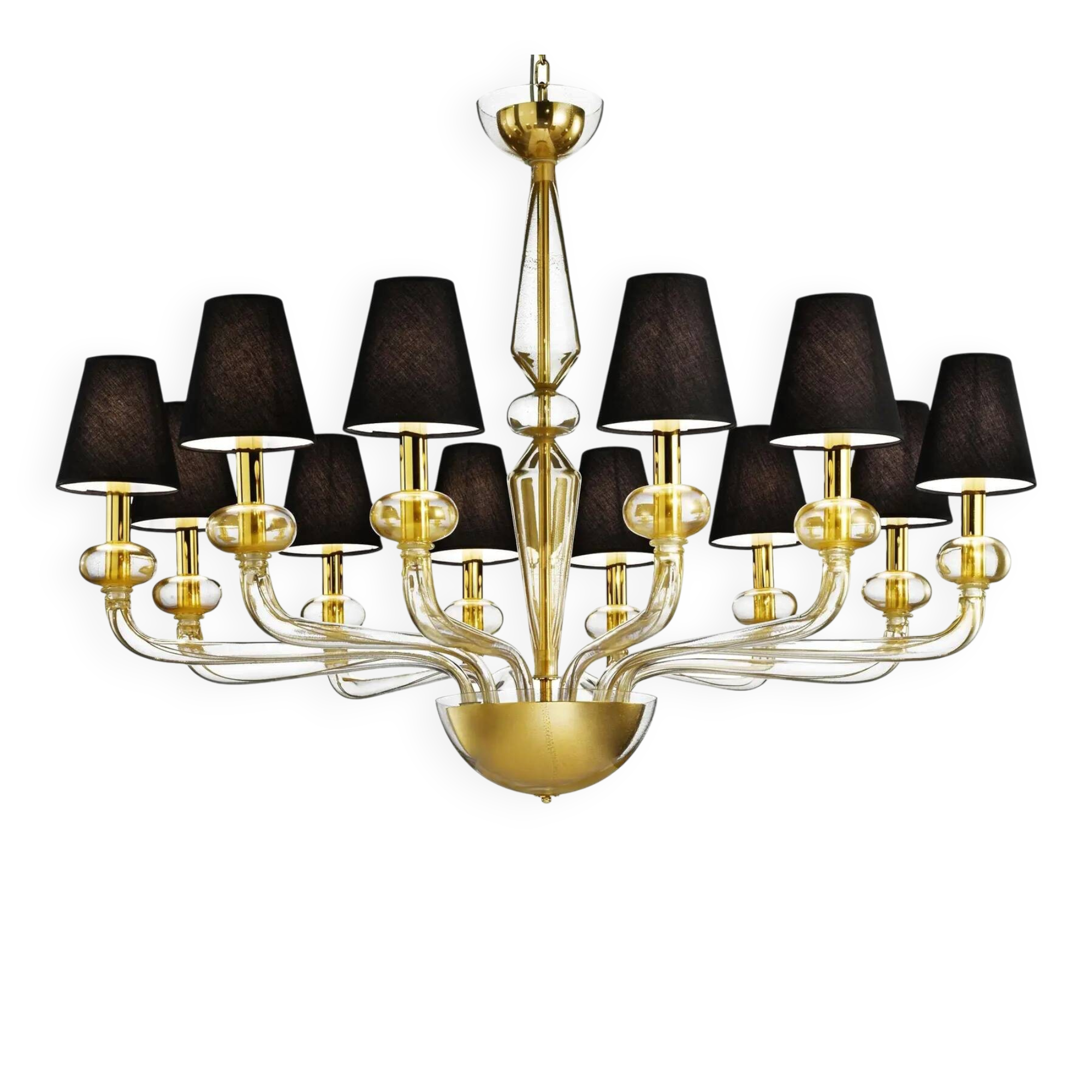 Contemporary Linear Chandelier in Transparent Murano Glass with Gold-Leaf