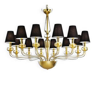 Chandelier linéaire contemporain en verre de Murano transparent avec feuilles d'or