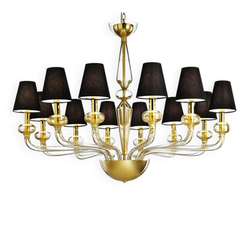 Chandelier linéaire contemporain en verre de Murano transparent avec feuilles d'or