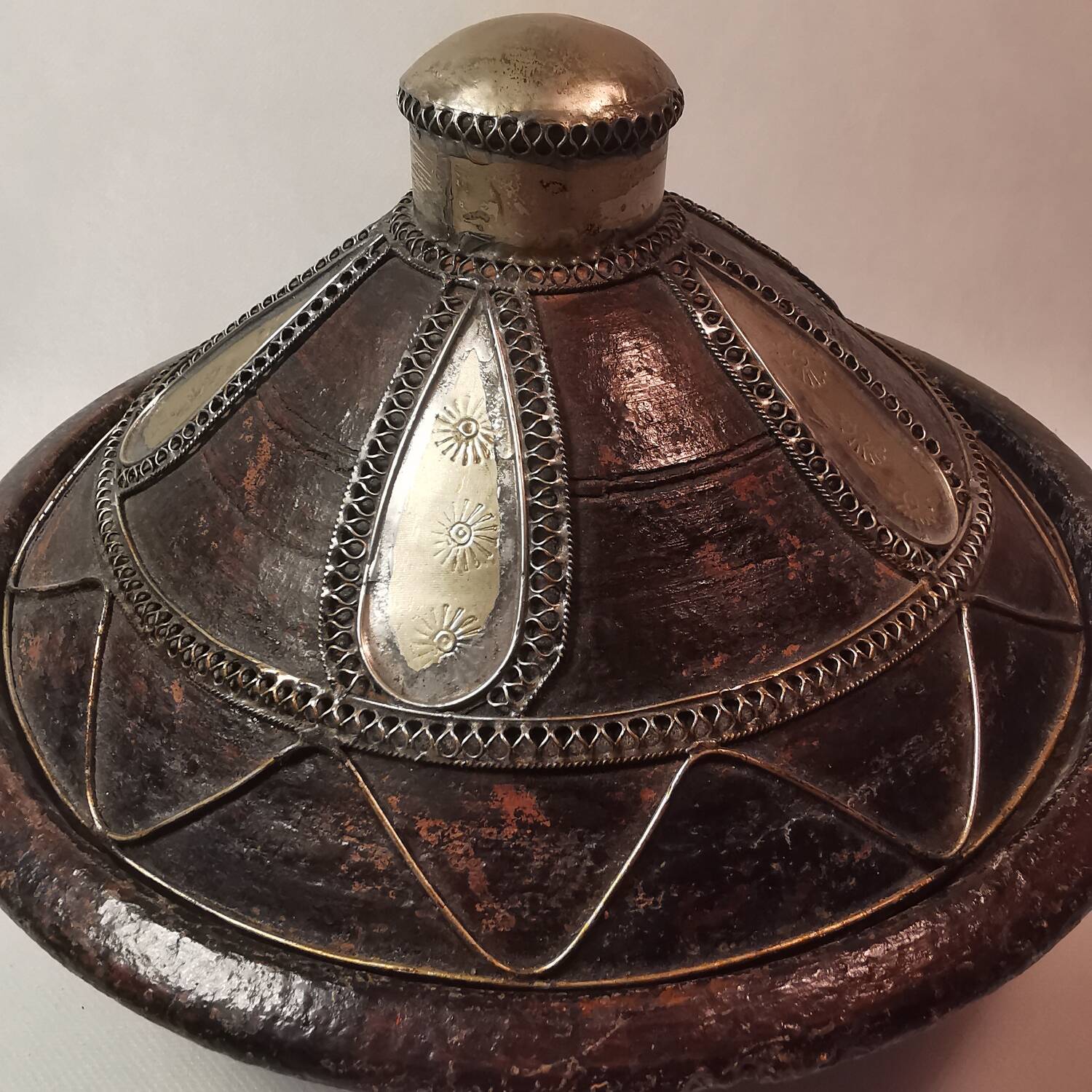 ancient tagine couscous dish hand made clay pottery silver inlays