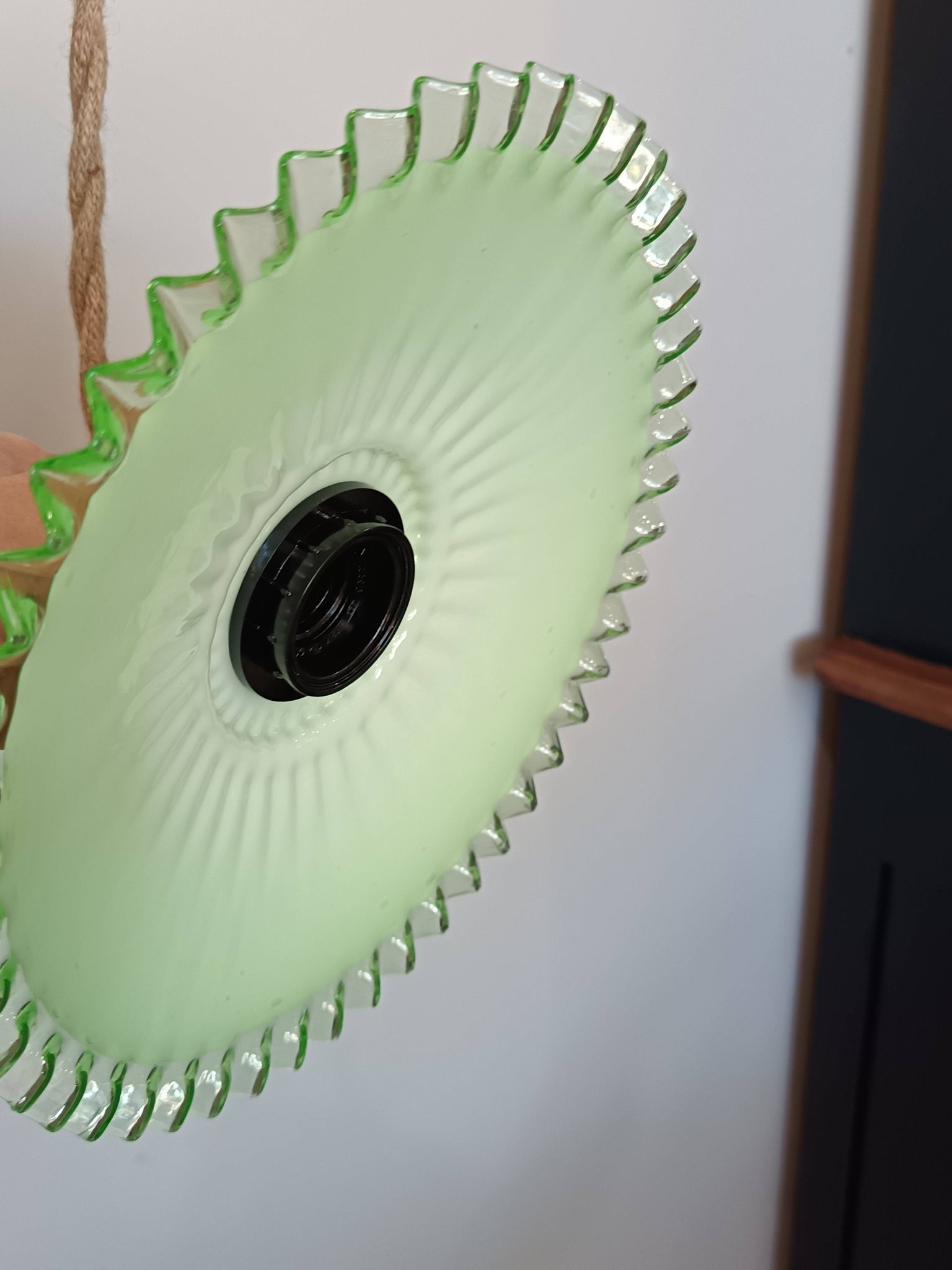 Portable lamp in pale green and white glass