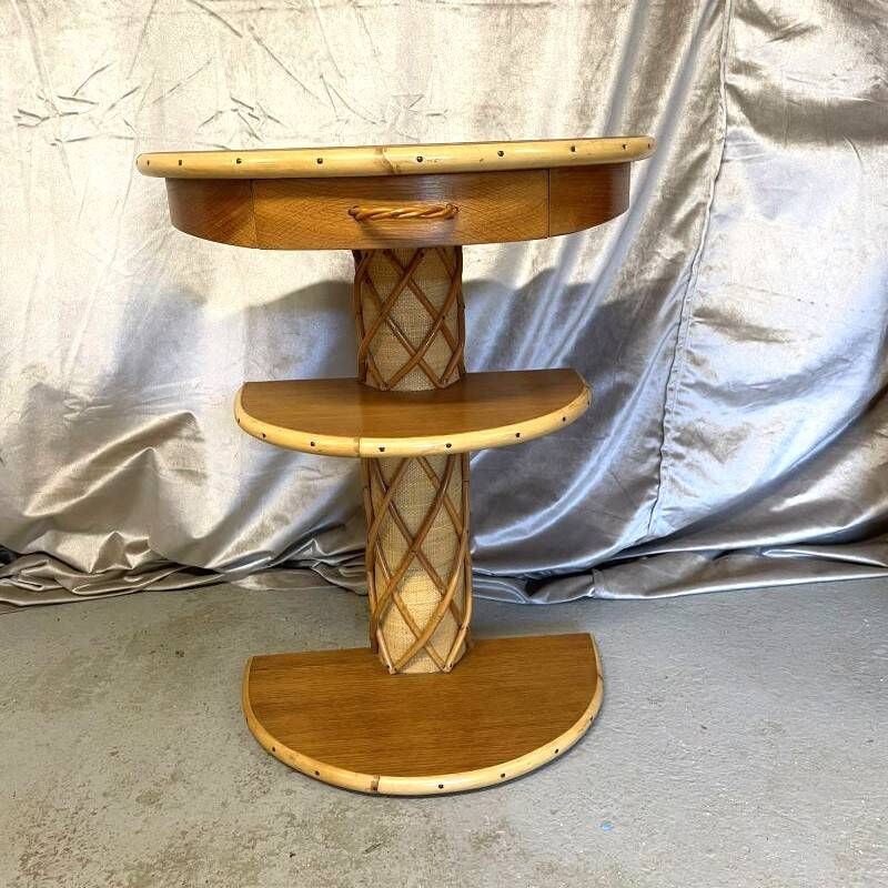 Vintage secretary ensemble and wooden and rattan side table