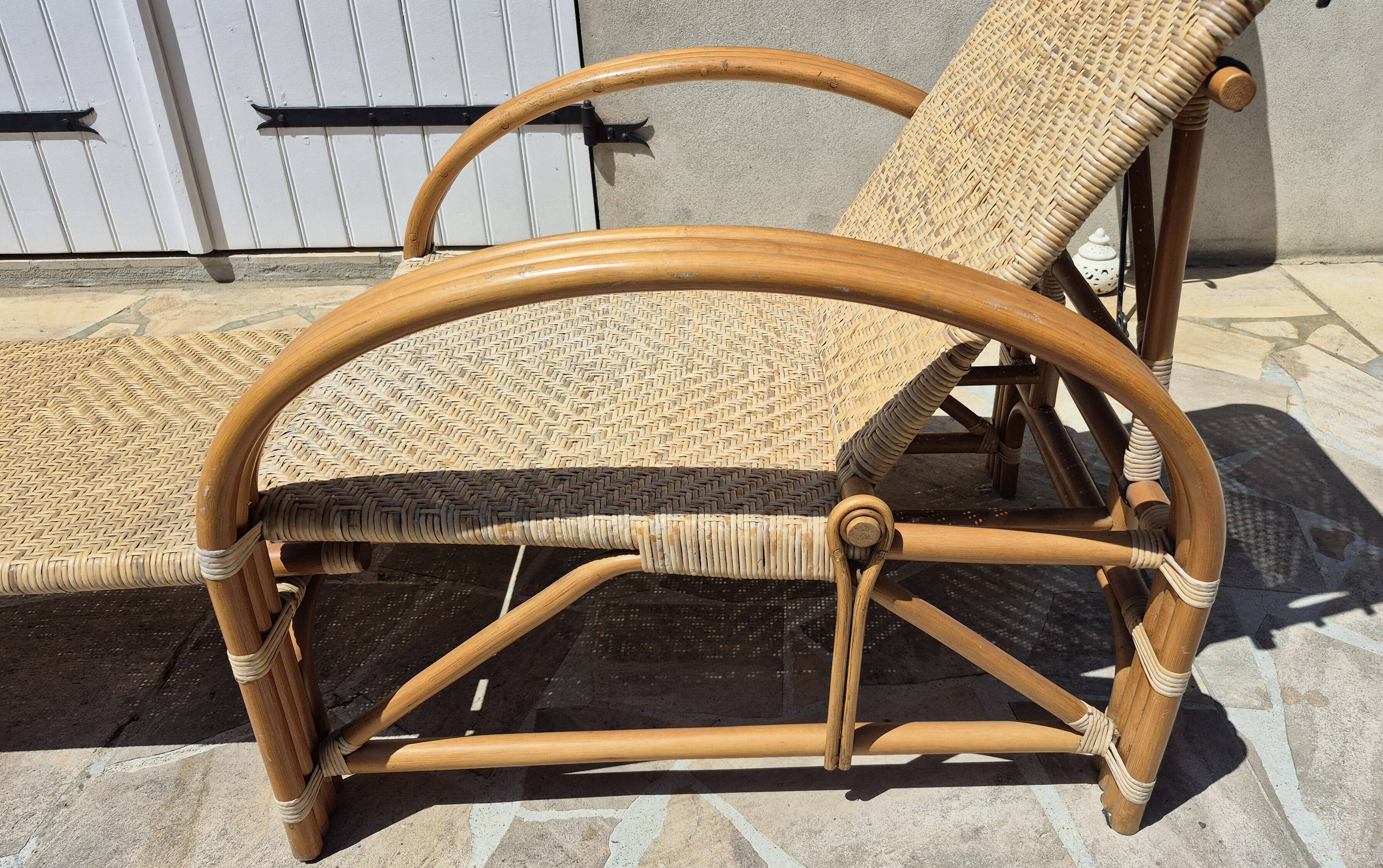 Vintage rattan and bamboo chaise longue, circa 1960s Italy.