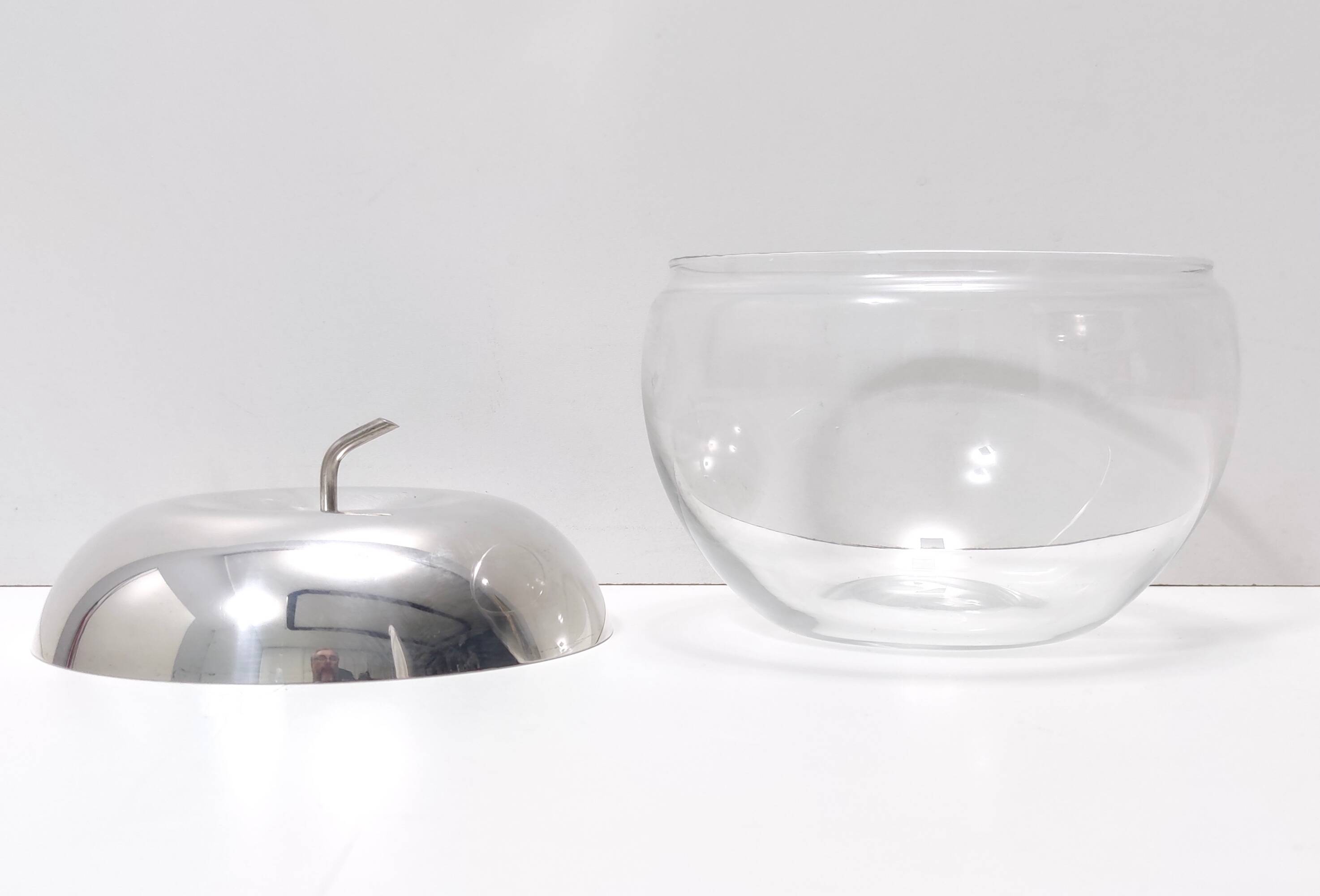 Postmodern Transparent Glass and Silver-Plated Metal Ice Bucket / Bowl, Italy