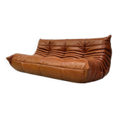 Togo  sofa in cognac leather attributed to  Michel Ducaroy for Ligne Roset.