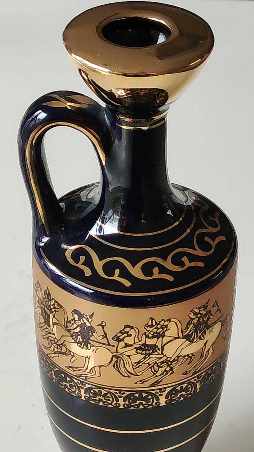 Greek Amphora Vase/Scenes of life Greek Mythology. Signed KA. Handmade in Greece, gilded with 24c fine gold. High 22.5 cm