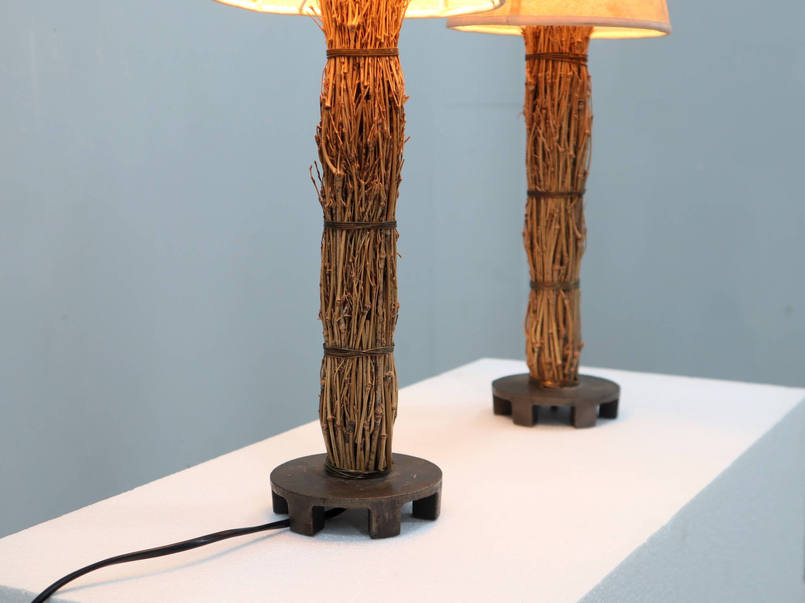 Pair of 1970s Italian decorative table lamps raphia & parchment