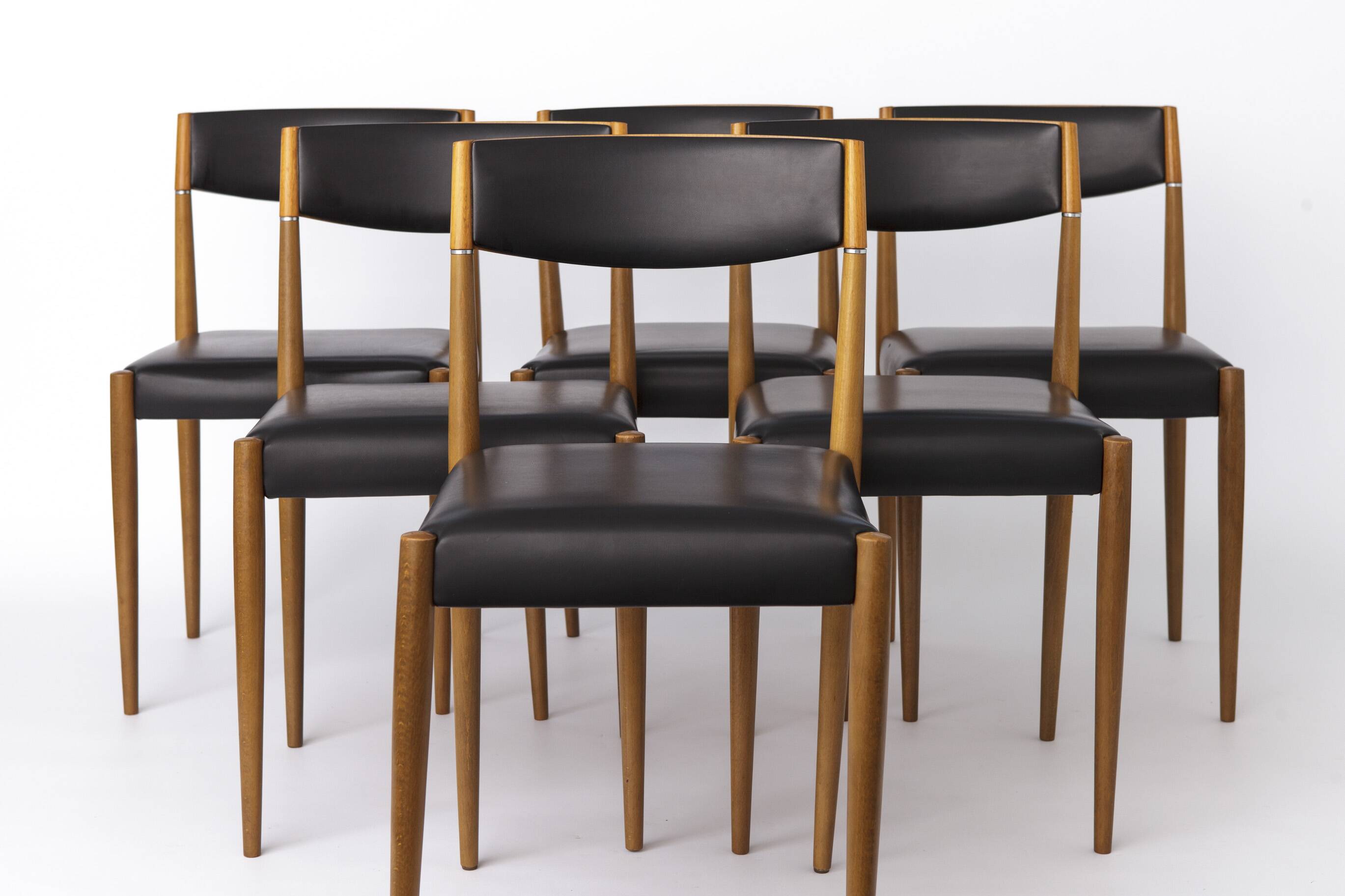 Ensemble de 6 chaises de salle à manger en teck vintage des années 1960, style mid-century moderne.