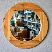 Vintage Scandinavian round wall mirror in solid pine from the 60s-70s.