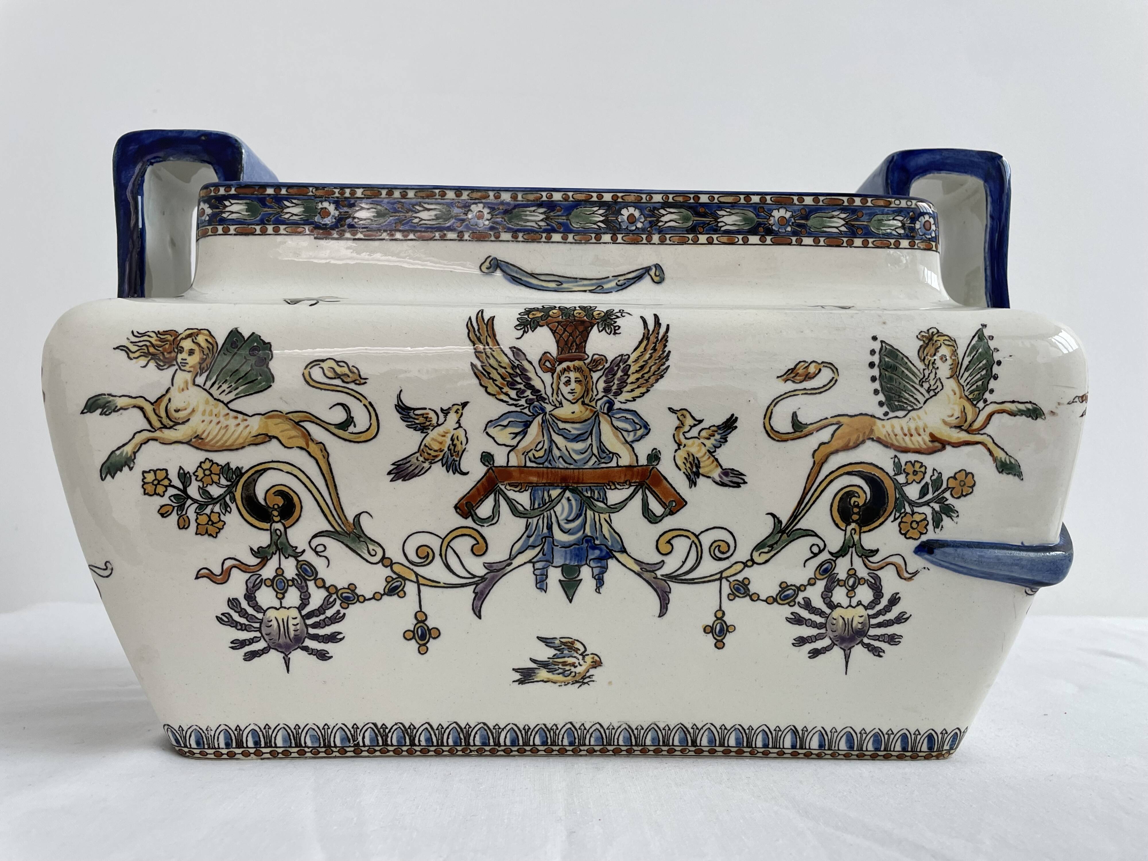 Planter, cache pot, Gien earthenware, rich decoration, Italian Renaissance, winged angel, antique decoration