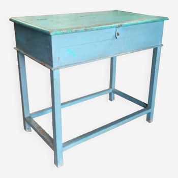 Console table bureau bleu pupitre avec rangement bois teck