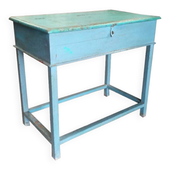 Console table bureau bleu pupitre avec rangement bois teck