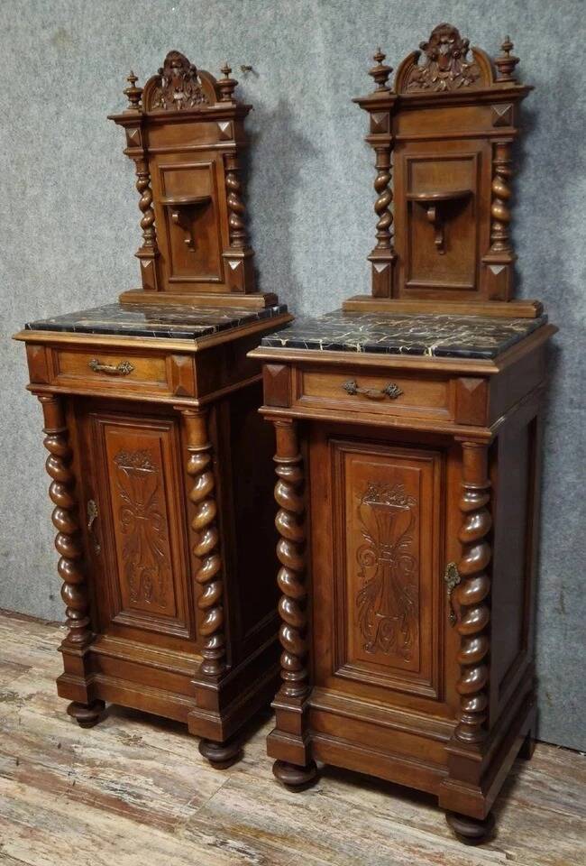 Pair of small side tables or bedside tables from the Napoléon III period, in walnut.