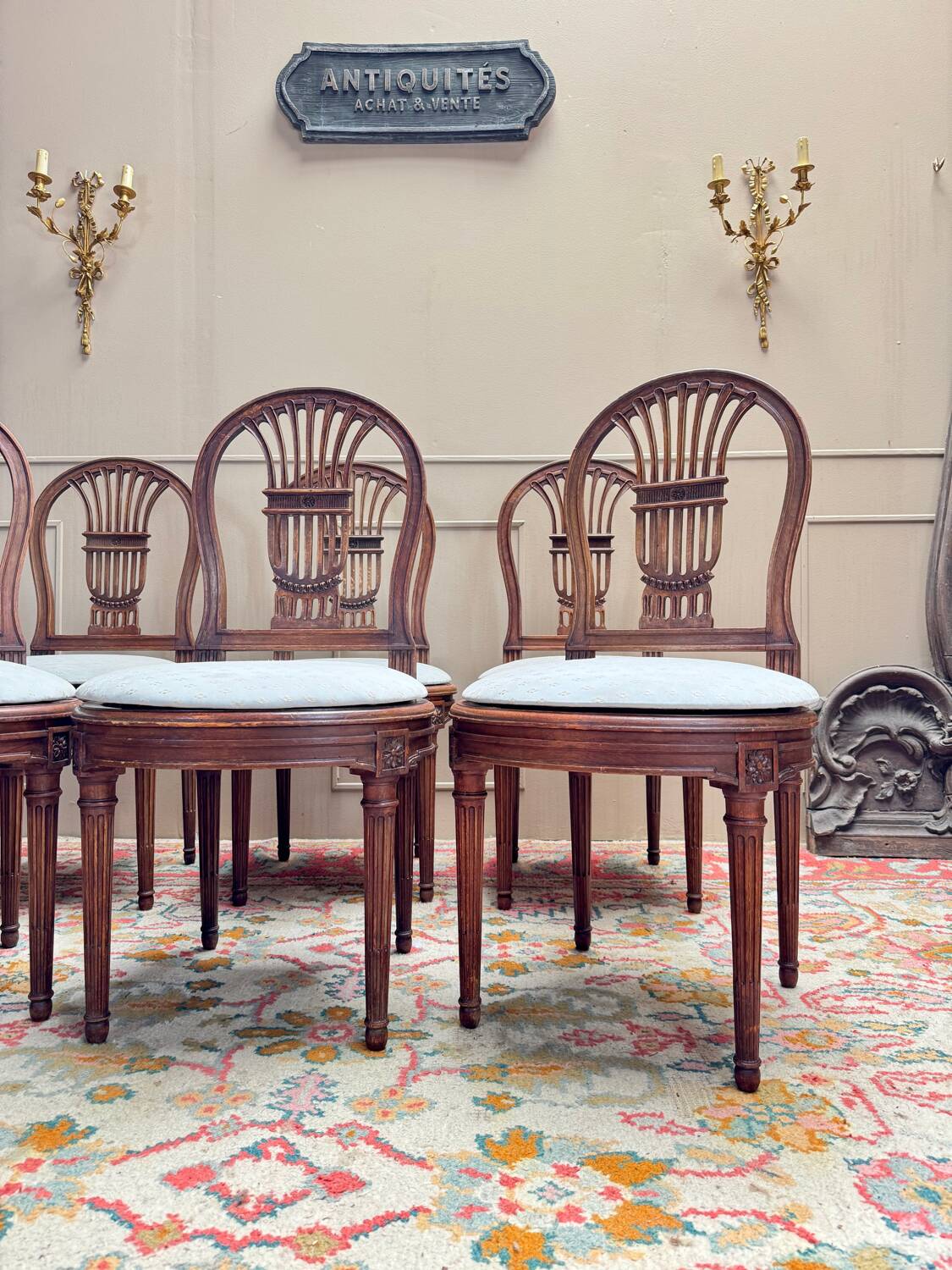 Set of six Louis XV style natural wood sheaf back chairs