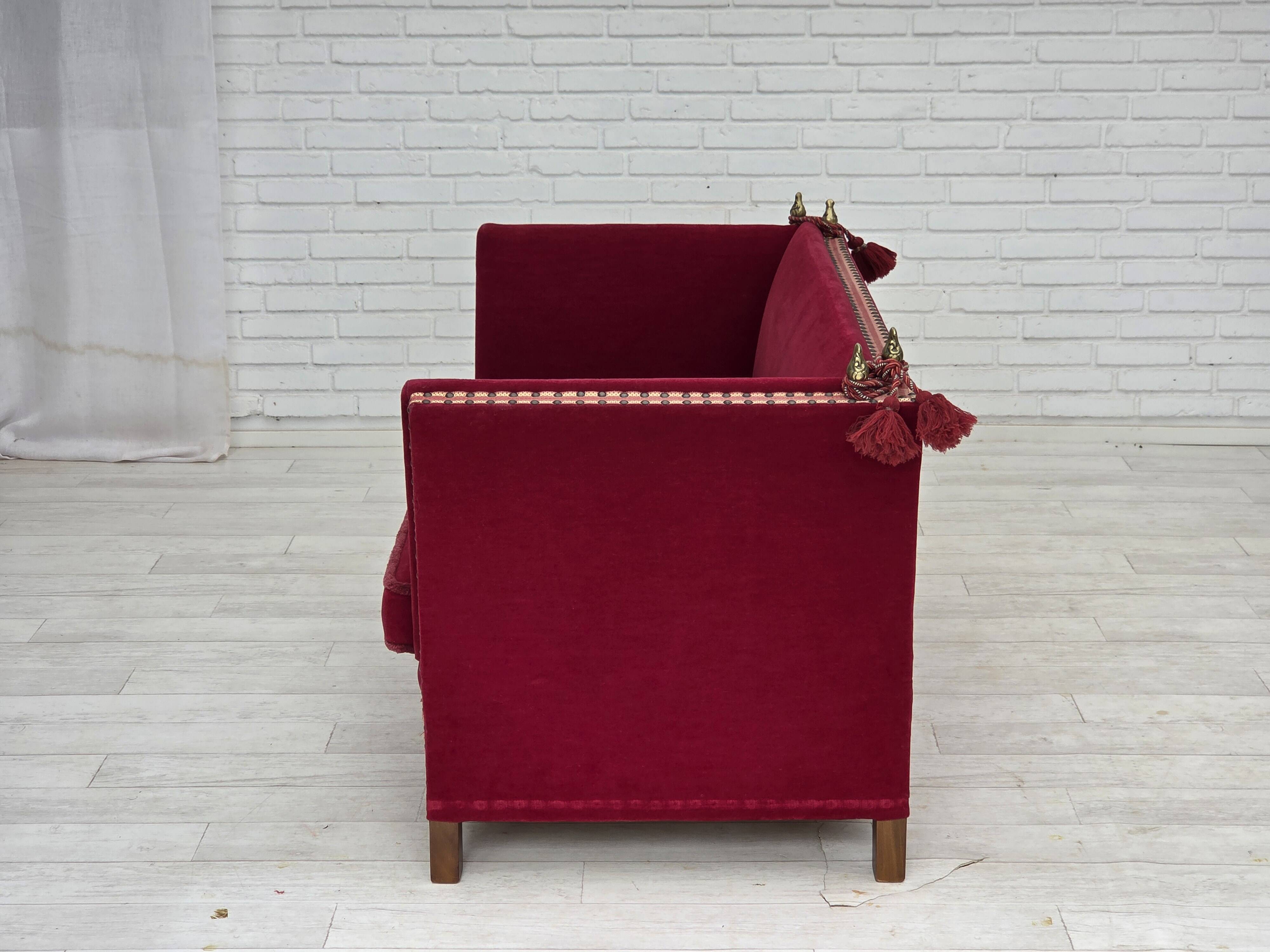 1970s, Danish 2-seater "Spanish" drop arm sofa, red furniture velour.