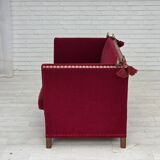 Canapé danois à accoudoirs rabattables « espagnol » des années 1970, en velours d'ameublement rouge.