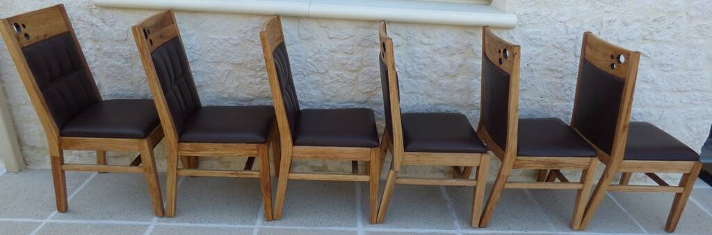 6 High-back chairs in high-quality, plush solid wood with brown faux leather