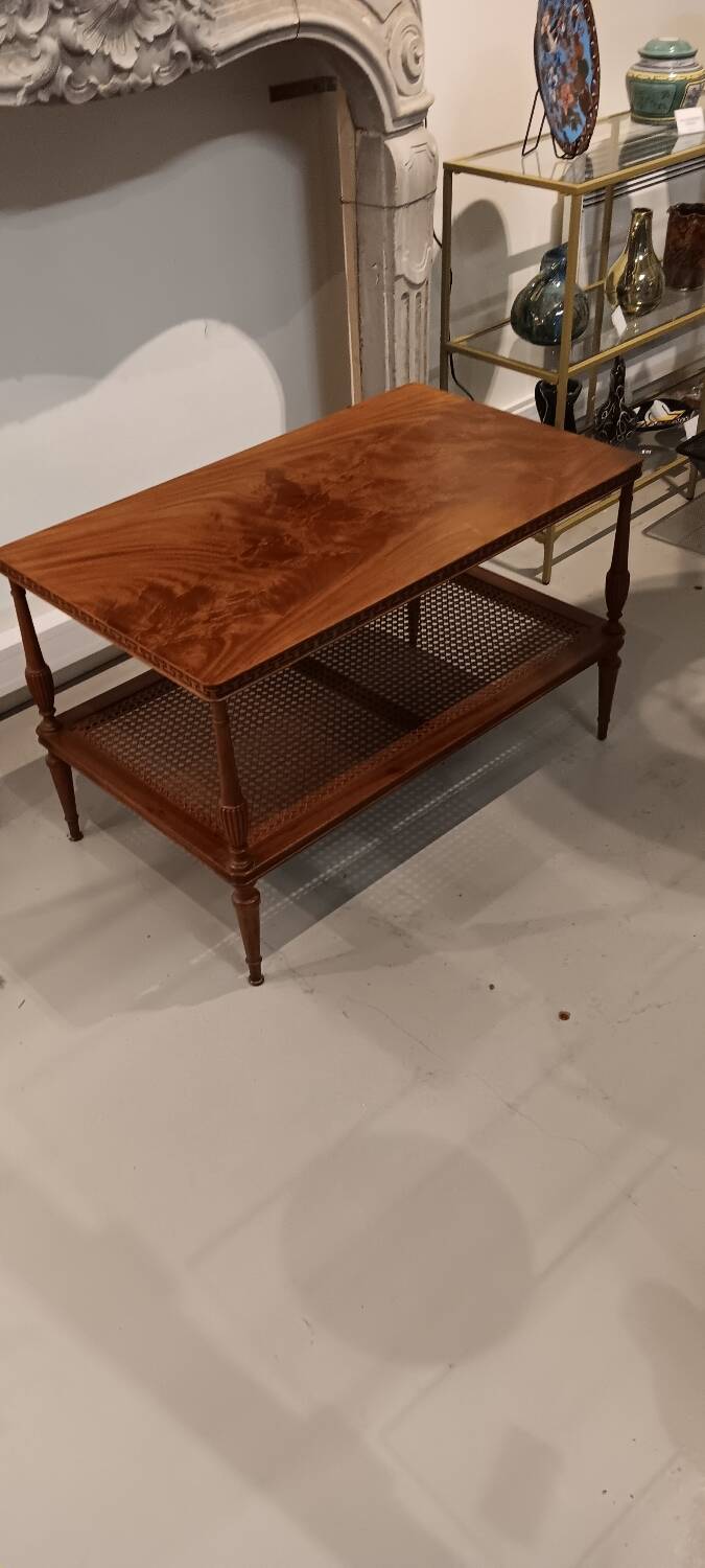 Coffee table / side table in mahogany with a rattan shelf.