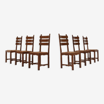 Set of six brutalist dining chairs in oak an wicker