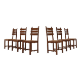 Set of six brutalist dining chairs in oak an wicker
