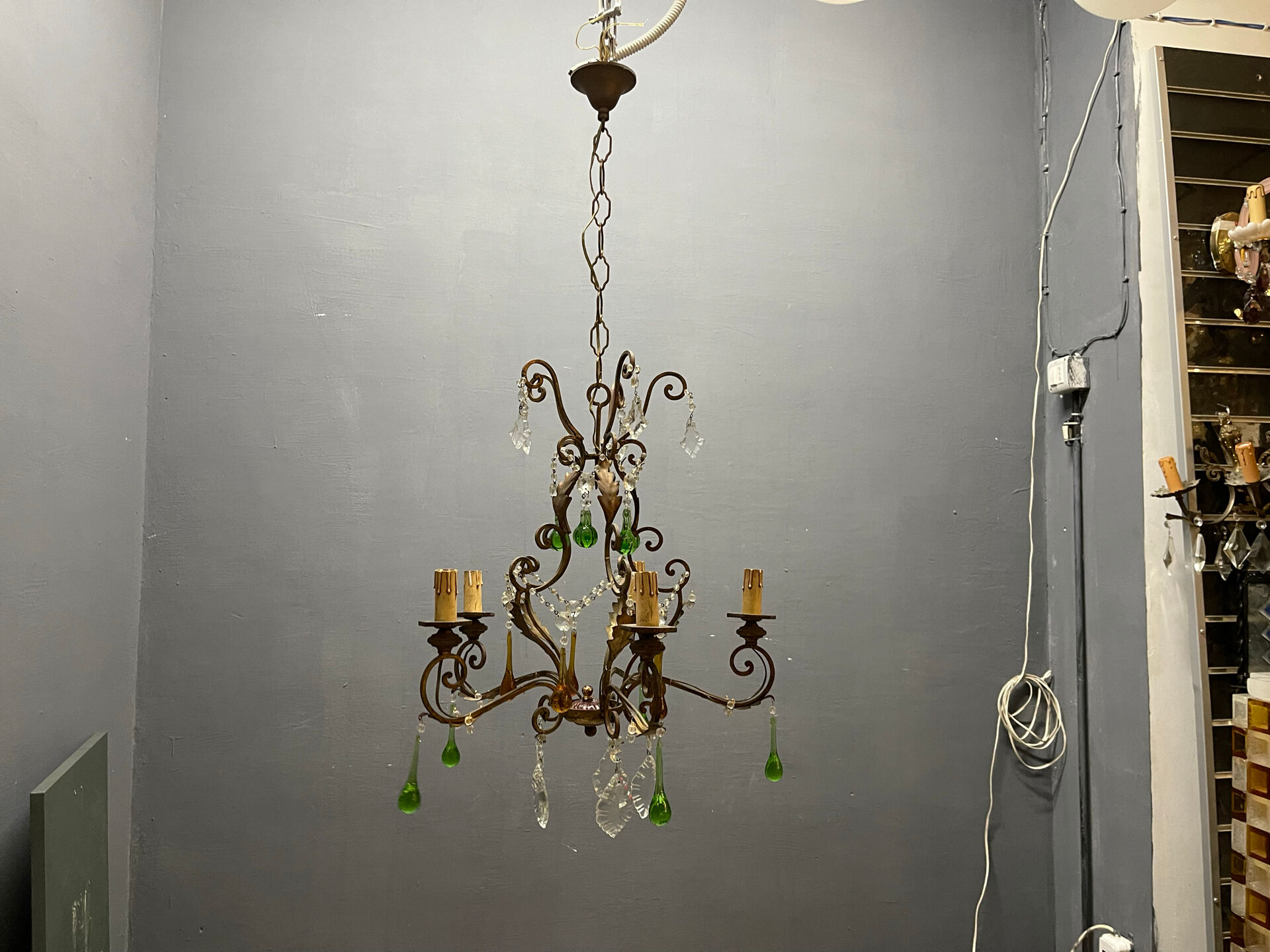 Italian 5-Light Tole Chandelier with Green & Amber Murano Glass Drops,