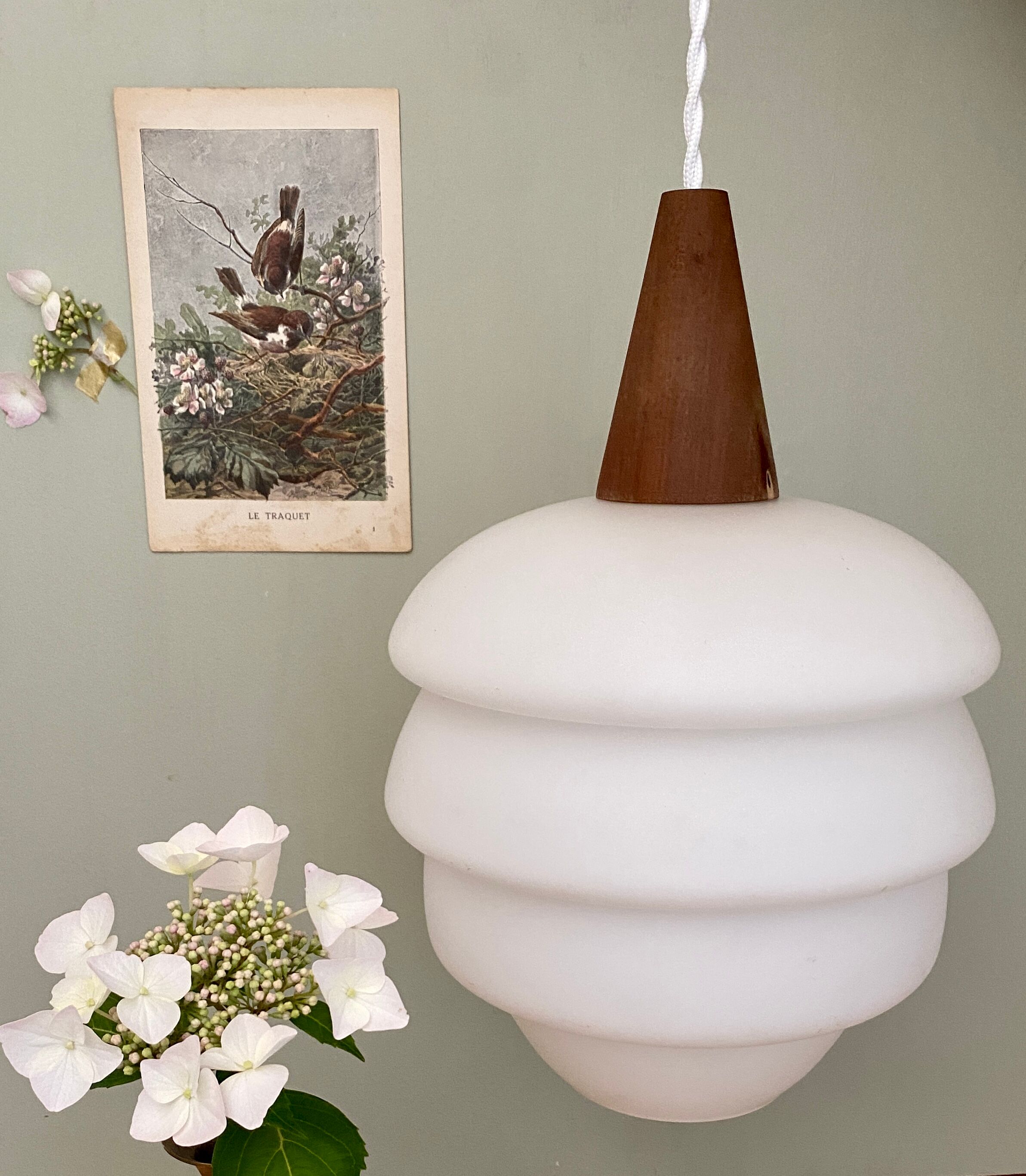 Vintage Scandinavian pendant lamp in teak and opaline