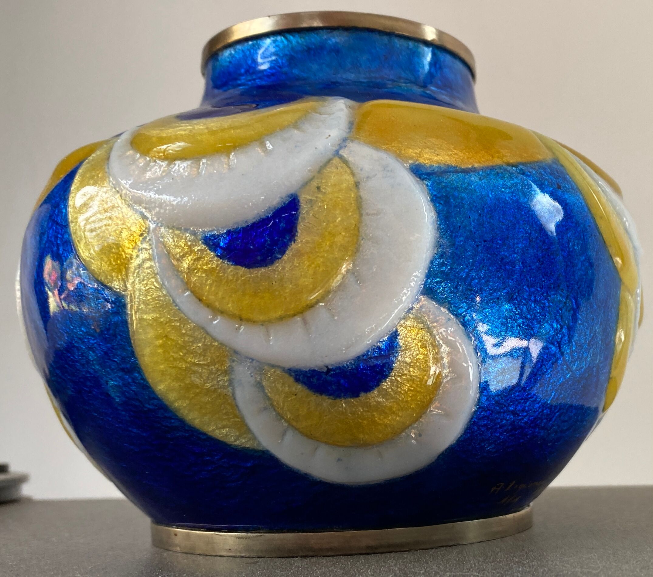 Azar Laguionie modernist art deco vase in Limoges enamels