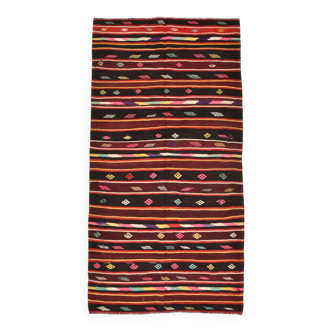 Wine Red Handmade Vintage Kilim Rug, 143x275Cm