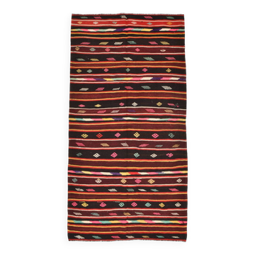 Wine Red Handmade Vintage Kilim Rug, 143x275Cm