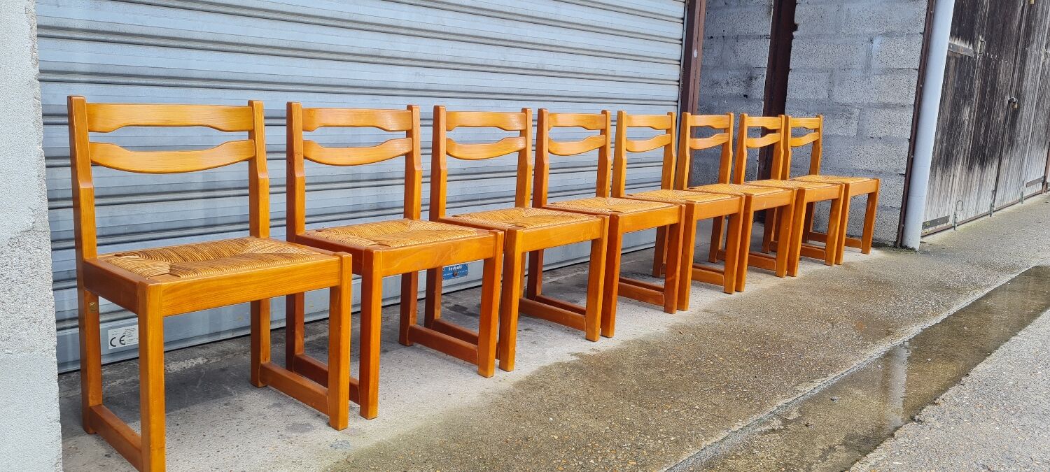 Set of 8 chairs in elm and straw by Maison Regain