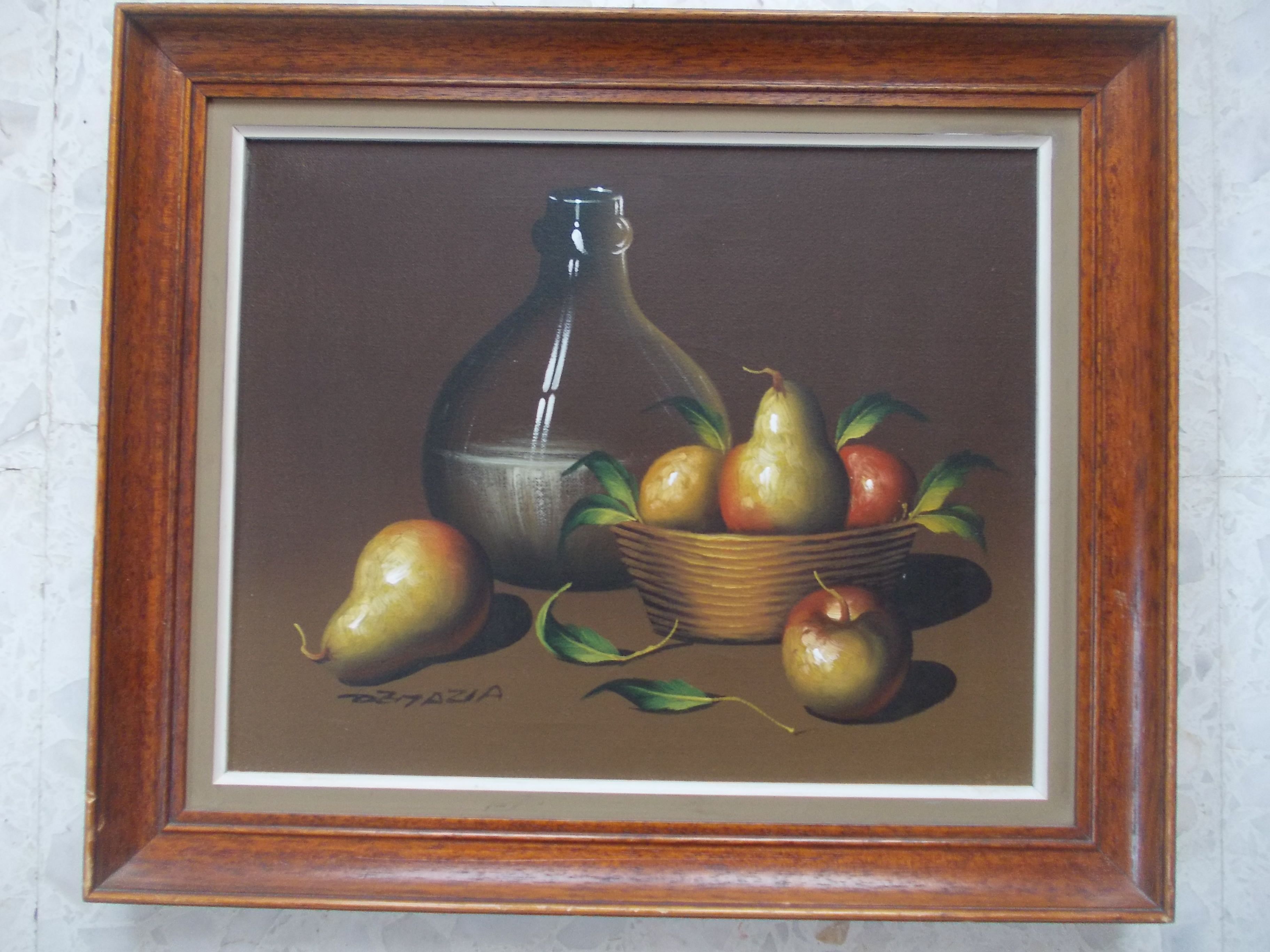 Painting OIL ON CANVAS Still life, BY MAZIA Violet, pears apples kitchen, wooden frame