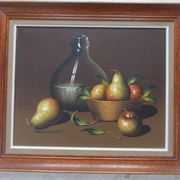 Painting OIL ON CANVAS Still life, BY MAZIA Violet, pears apples kitchen, wooden frame