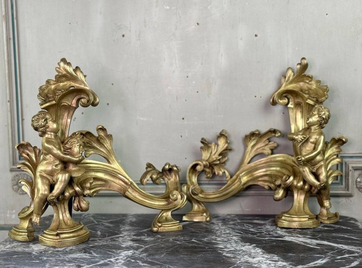 Paire de chenêts en bronze ciselé et doré d'après un modèle de Jacques Caffieri, Paris XIXème