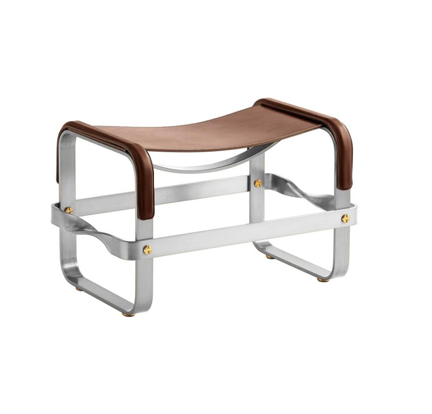 Antique Steel and Dark Brown Saddle Leather Footrest, Contemporary Style